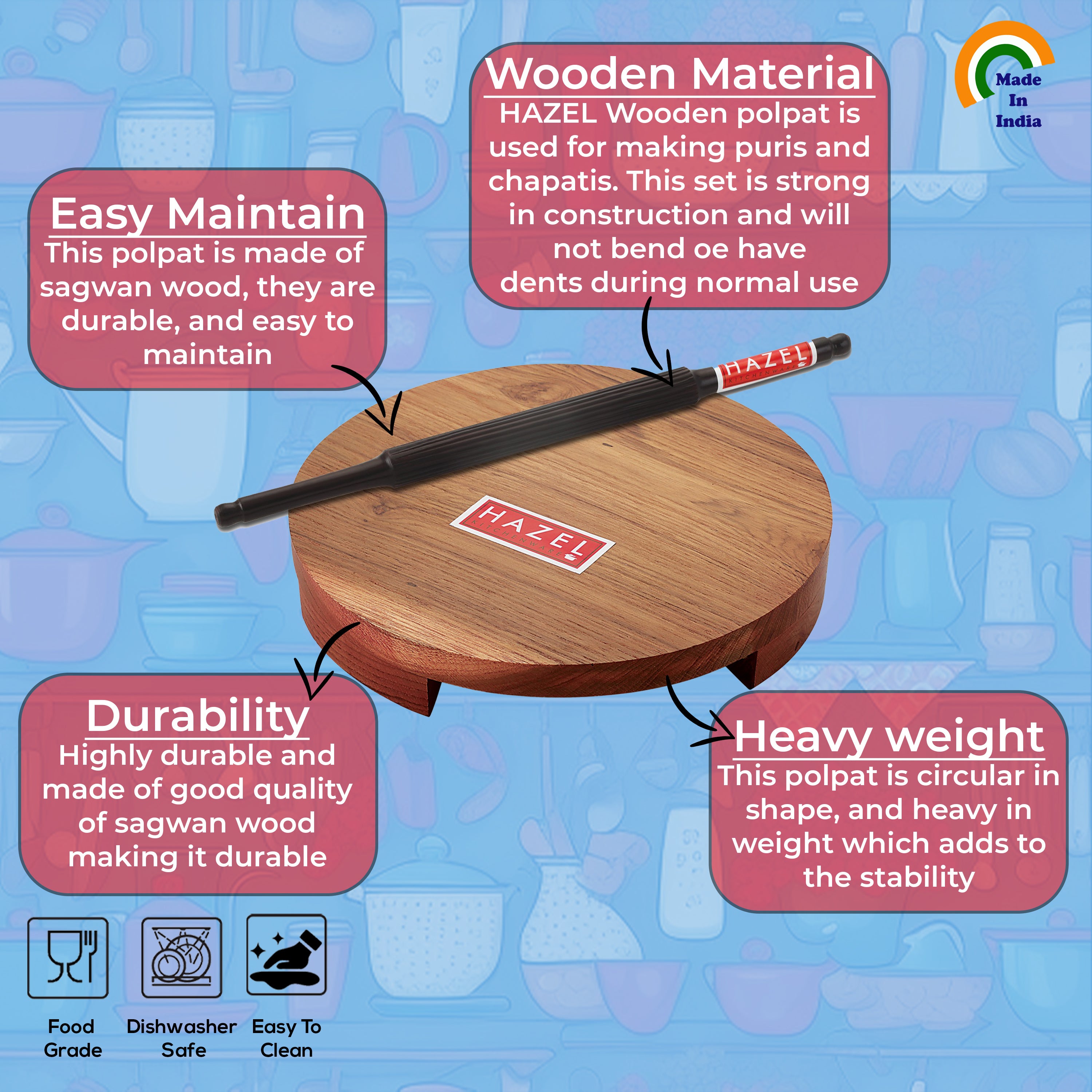 Sagwan Polpat Chakla Roti Chapati Maker 24 cm With Sheesham Roti Roller Belan Rolling Pin 35 cm