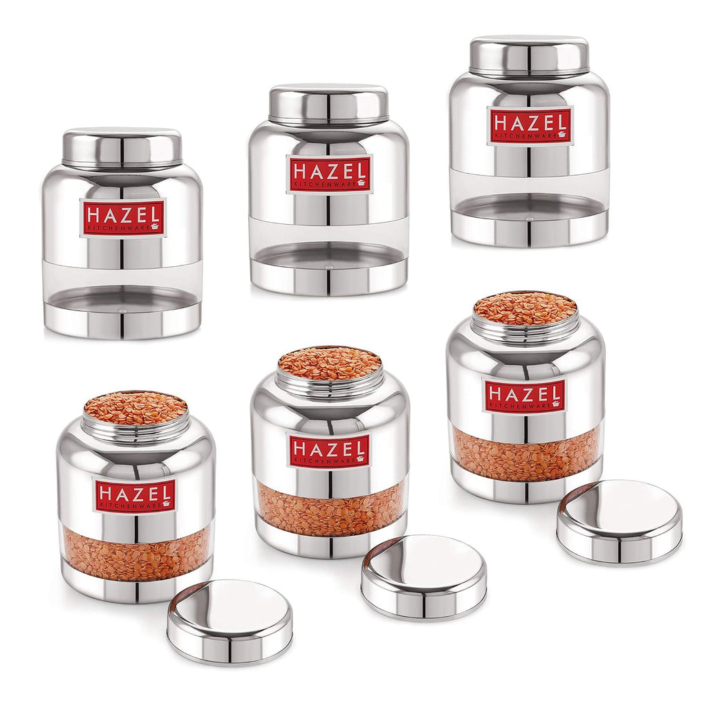 Stainless Steel Transparent Glossy Finish Airtight See Through Container Barni Set of 6, 1000 ml, Silver