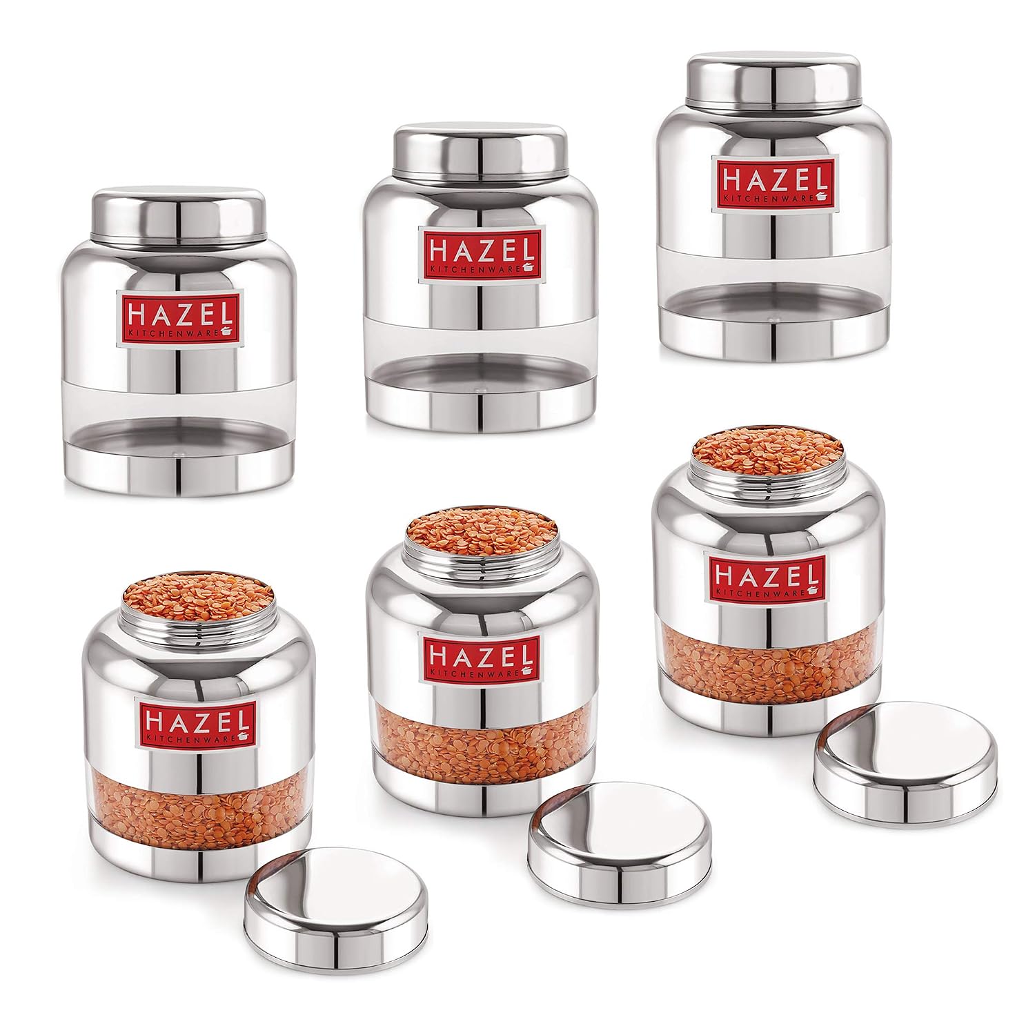 Stainless Steel Transparent Glossy Finish Airtight See Through Container Barni Set of 6, 1000 ml, Silver