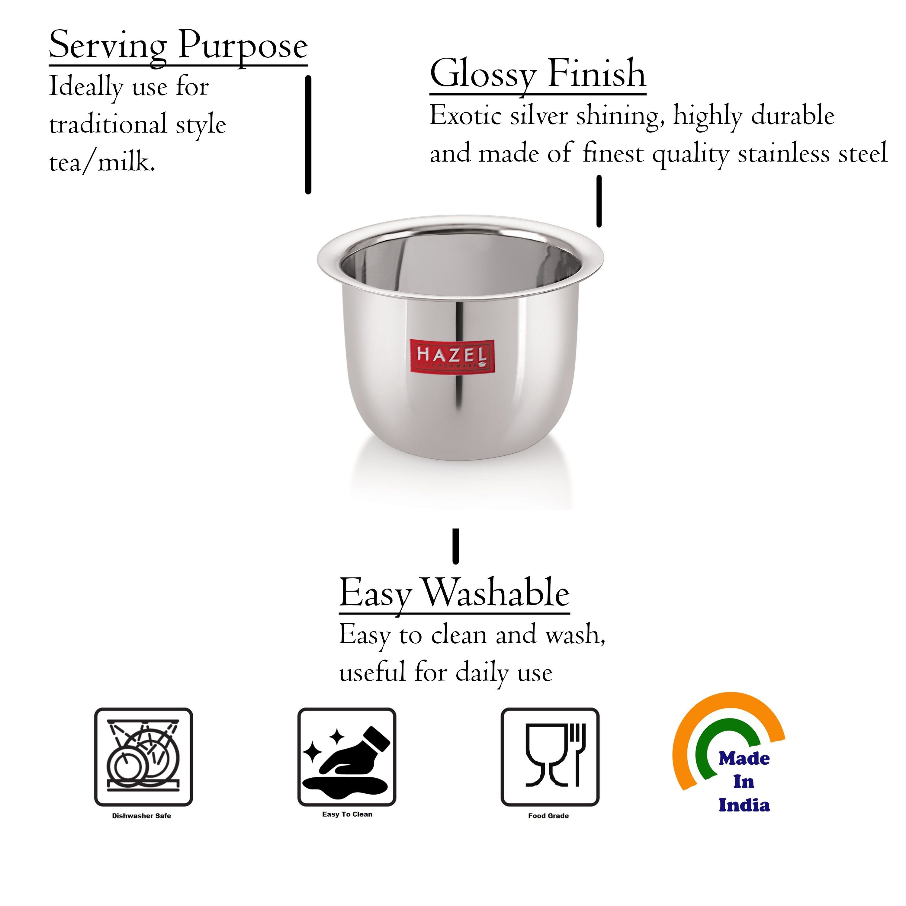 Stainless Steel Tea Glasses Large Coffee Milk Serving Glass Patra Pela Set of 3, 10 cm, 200 ml