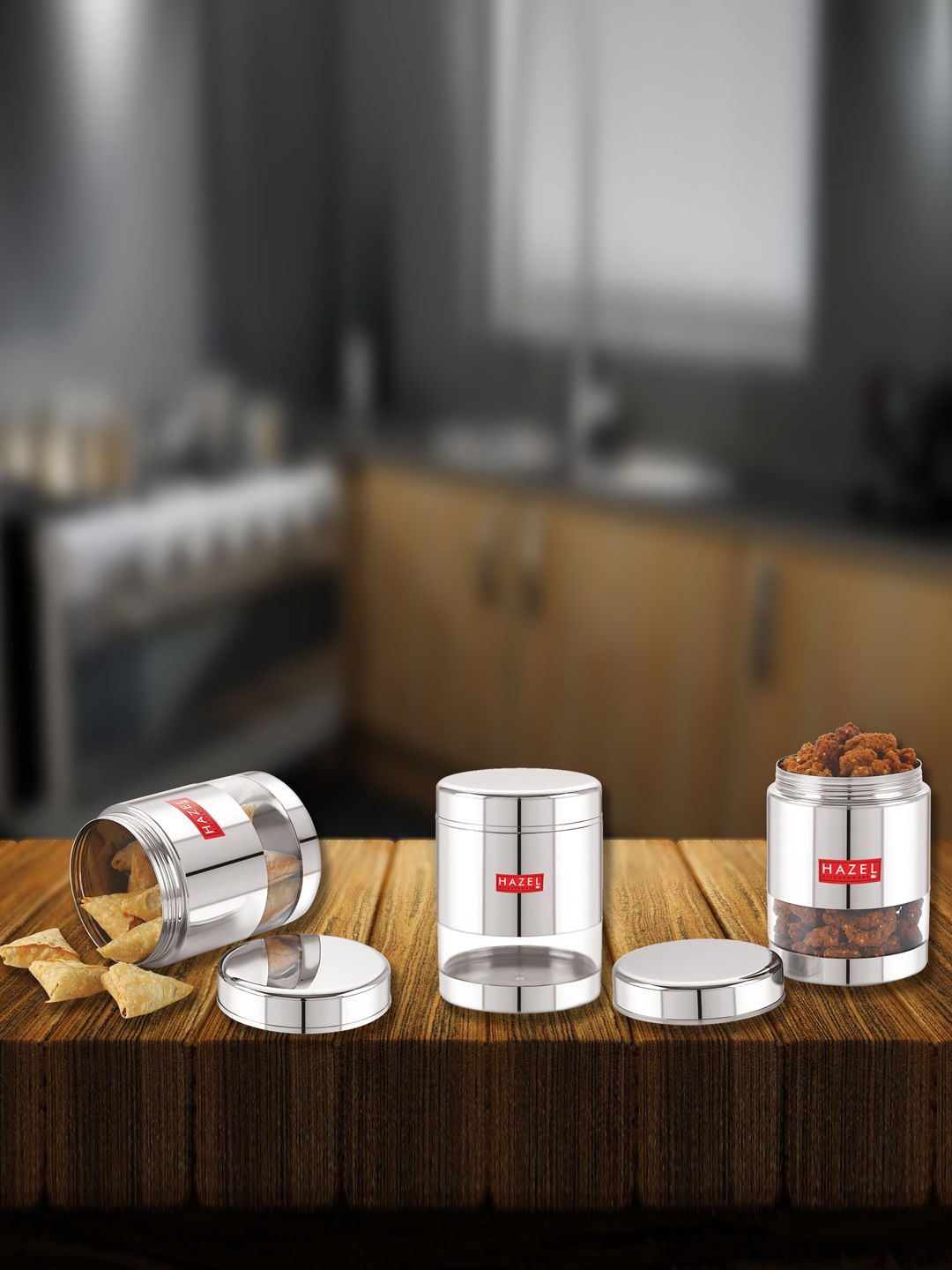 Stainless Steel See Through Glossy Finish Storage Container, Jar Dabba, Set of 3, 800 ml