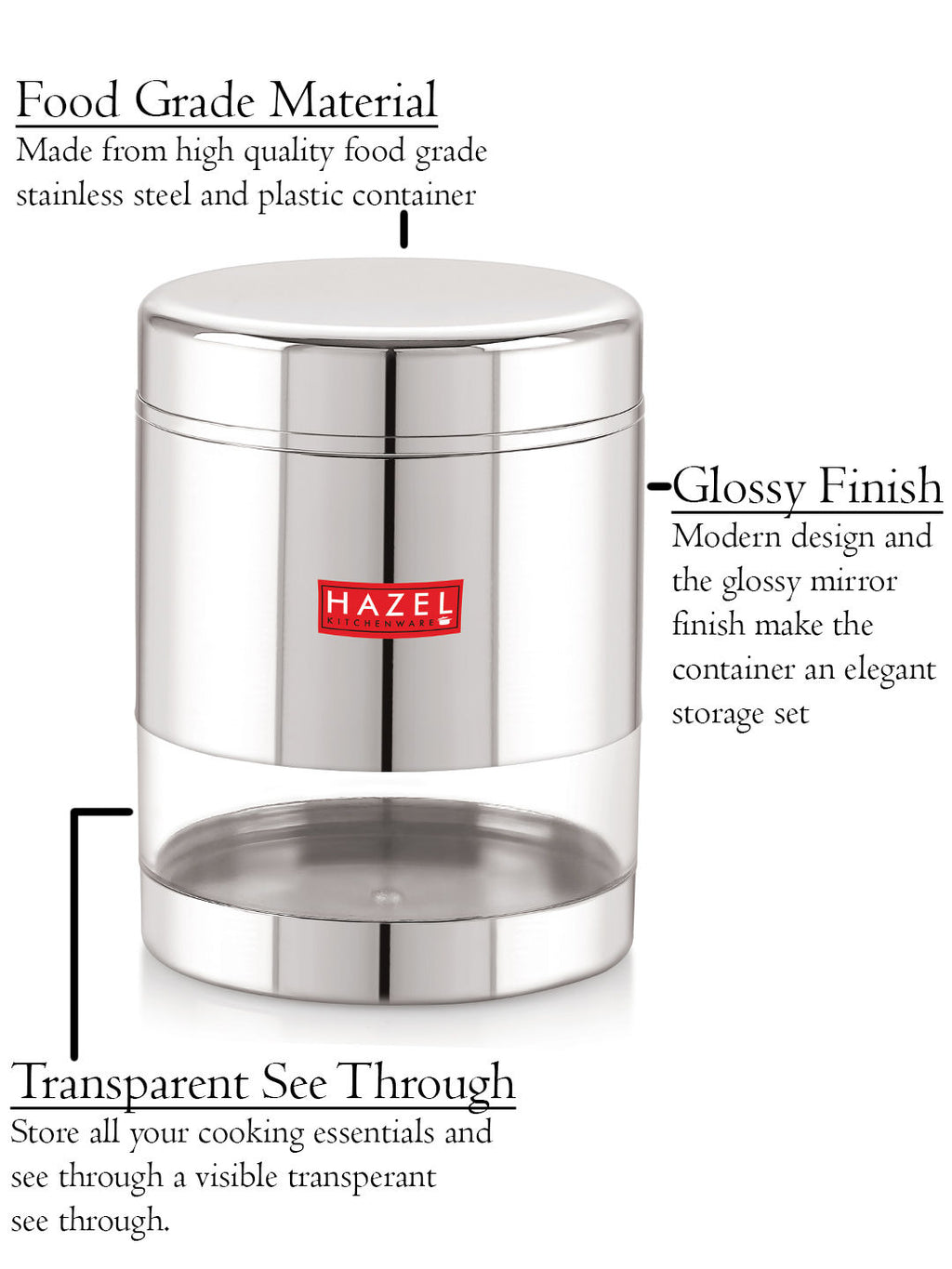Stainless Steel See Through Glossy Finish Storage Container, Jar Dabba, Set of 3, 800 ml
