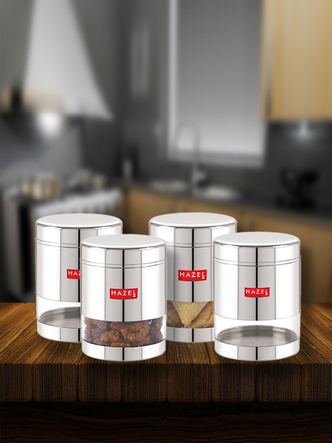 Stainless Steel See Through Glossy Finish Storage Container, Jar Dabba, Set of 4, 800 ml