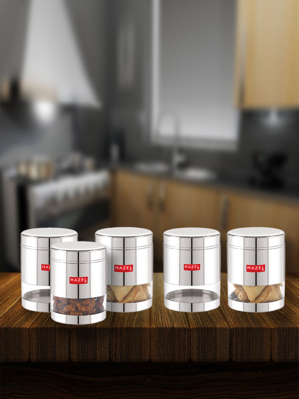 Stainless Steel See Through Glossy Finish Storage Container, Jar Dabba, Set of 5, 800 ml