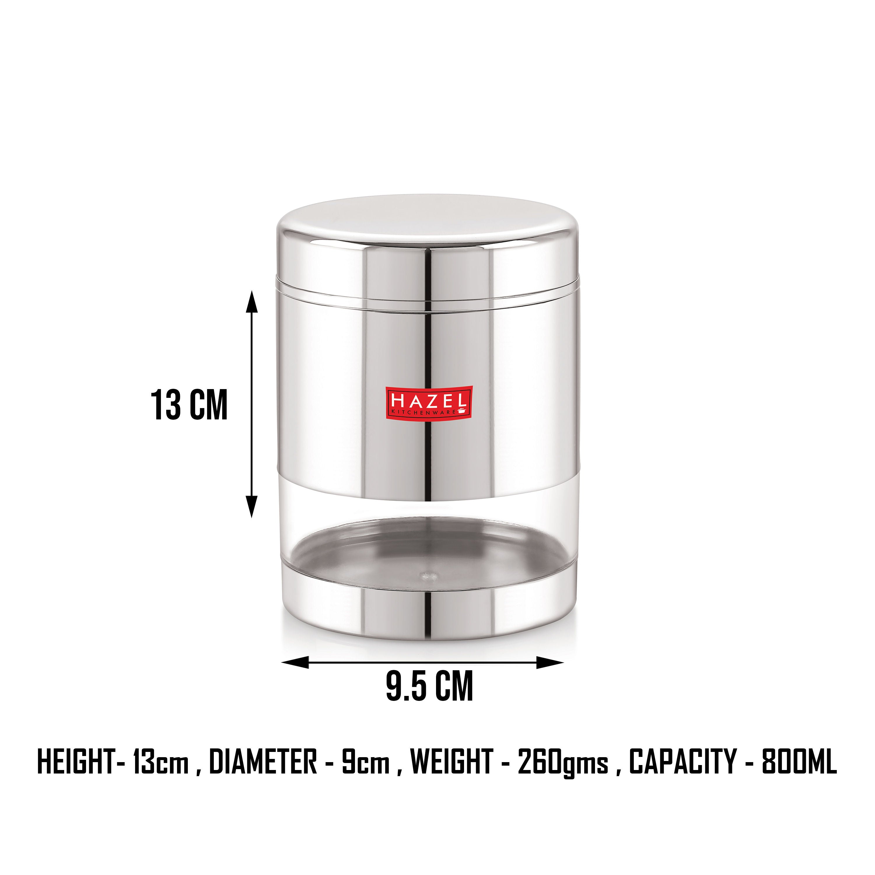 Stainless Steel See Through Glossy Finish Storage Container, Jar Dabba, Set of 5, 800 ml