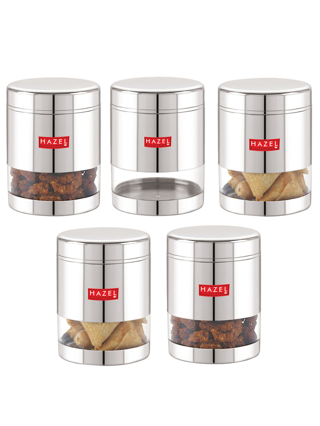 Stainless Steel See Through Glossy Finish Storage Container, Jar Dabba, Set of 5, 800 ml