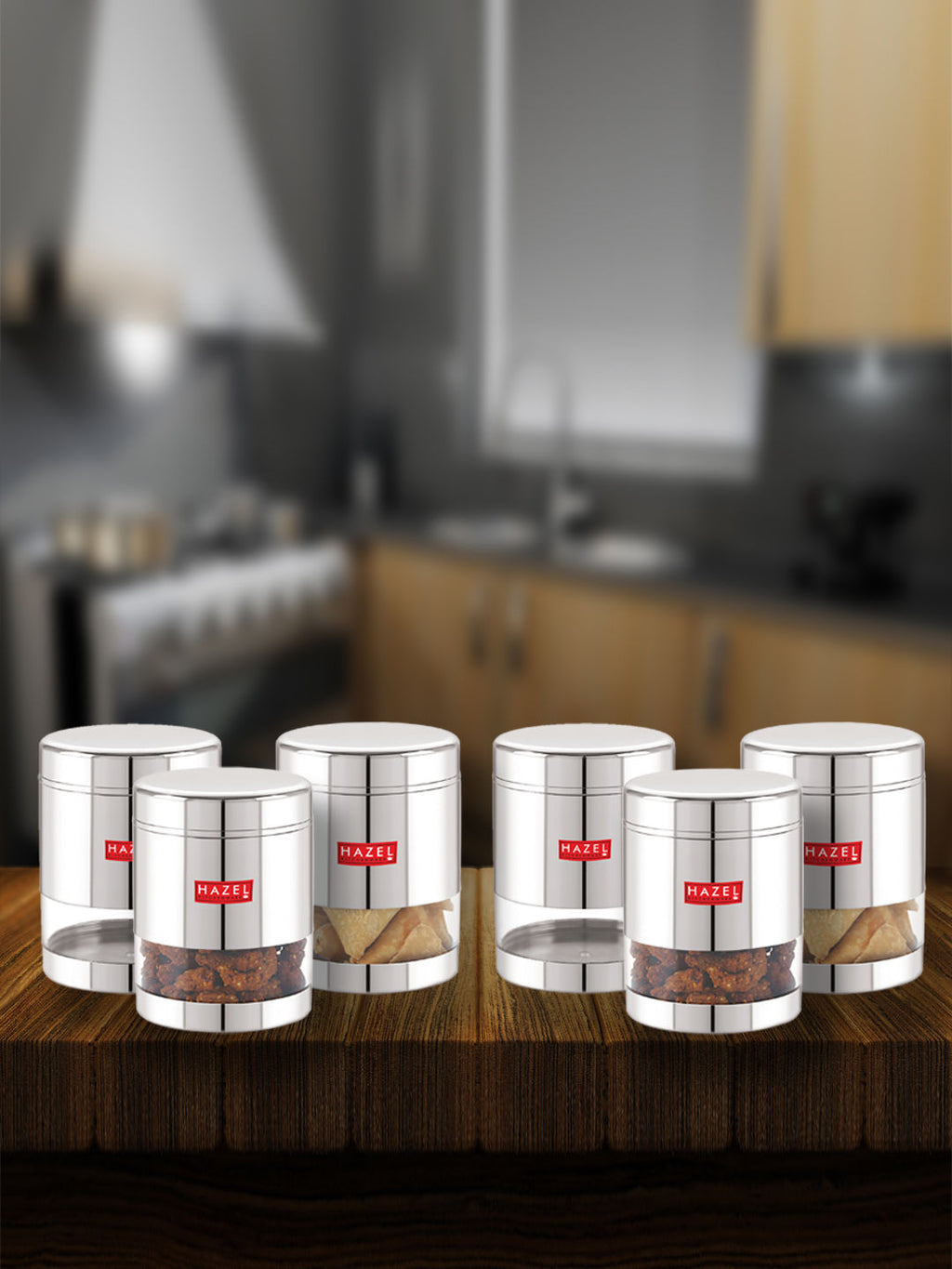 Stainless Steel Kitchen Storage Transparent See Through Glossy Finish Jars Dabba, Set of 6, 800 ML, Silver