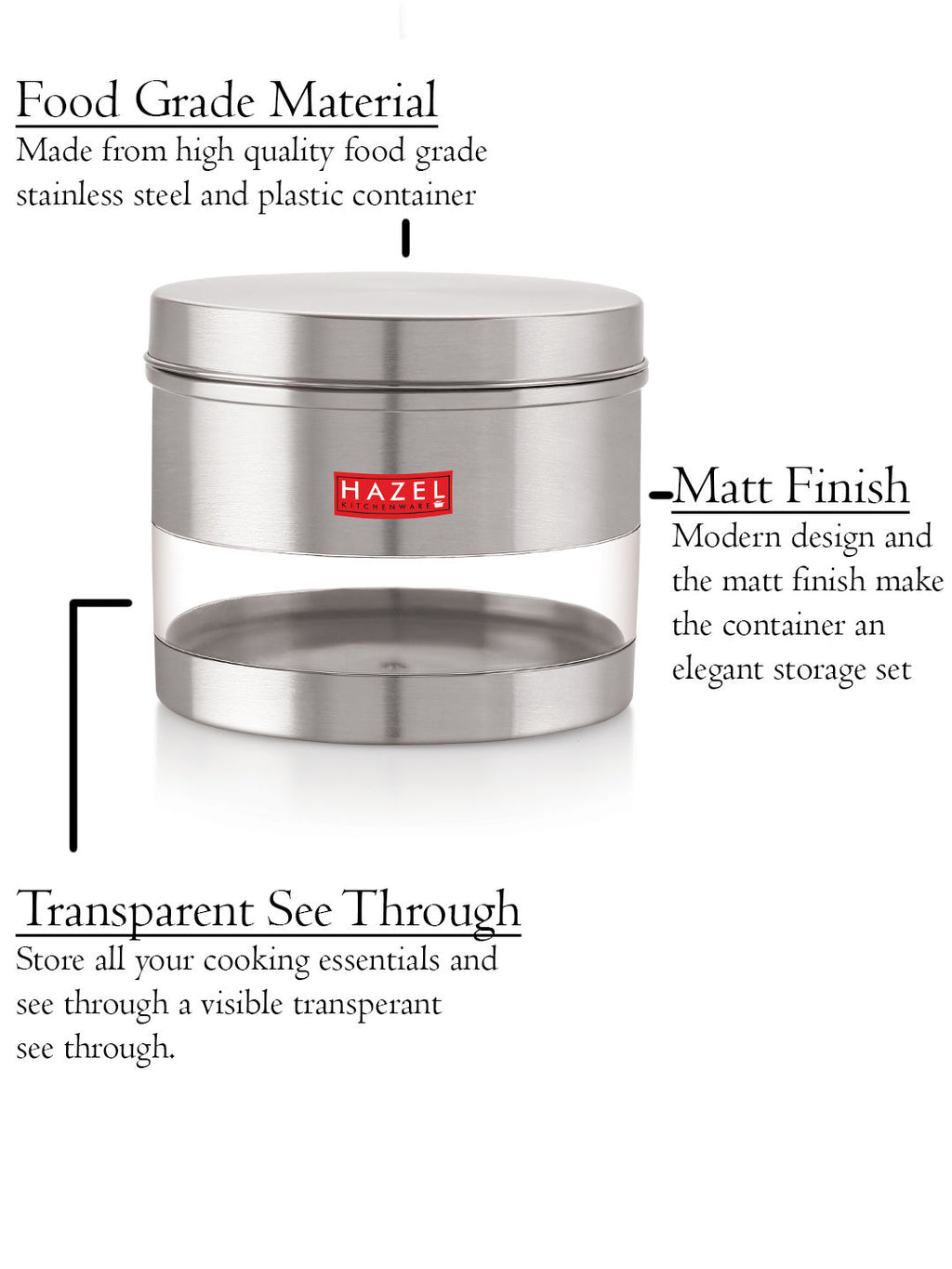 Stainless Steel See Through Matt Finish Storage Container, Jar Dabba, Set of 5, 1100 ml