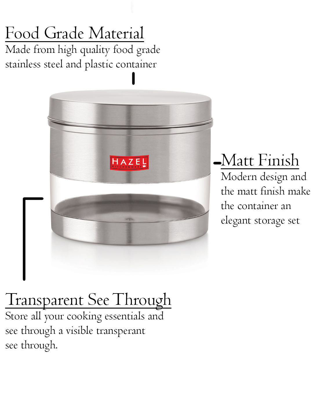 Stainless Steel See Through Matt Finish Storage Container, Jar Dabba, Set of 5, 1100 ml