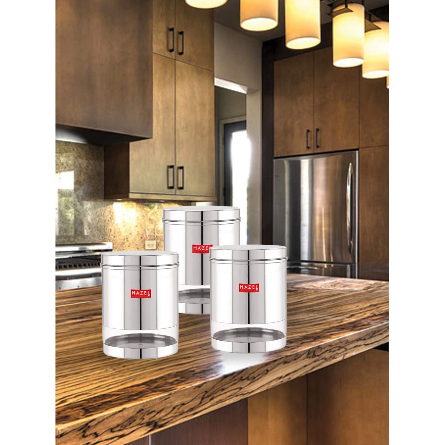 Stainless Steel See Through Glossy Finish Storage Container, Jar Dabba, Set of 3, 2200 ml