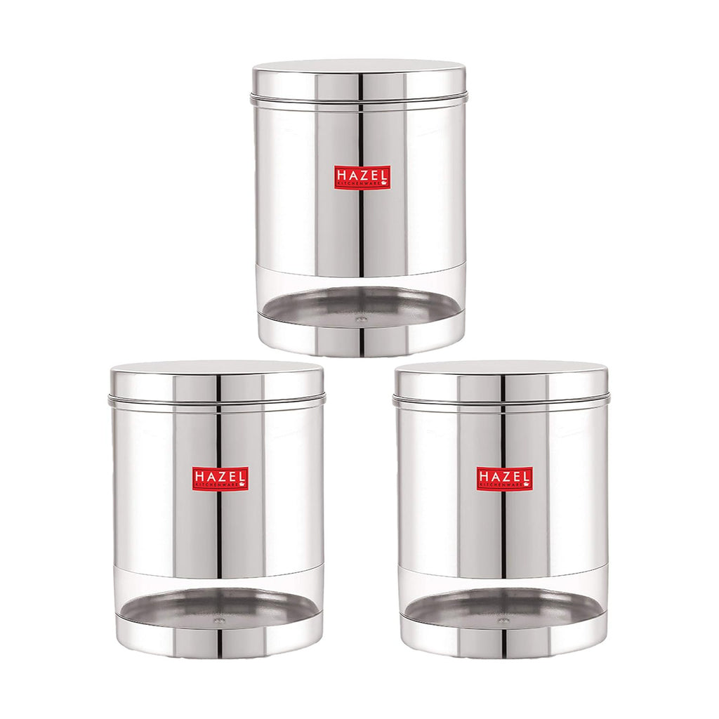 Stainless Steel See Through Glossy Finish Storage Container, Jar Dabba, Set of 3, 2200 ml