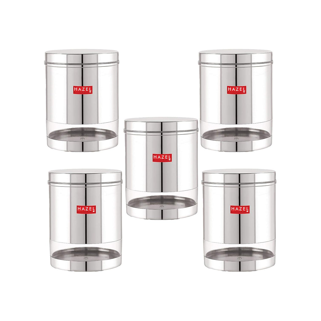Stainless Steel See Through Glossy Finish Storage Container, Jars Dabba, Set of 5, 2200 ml