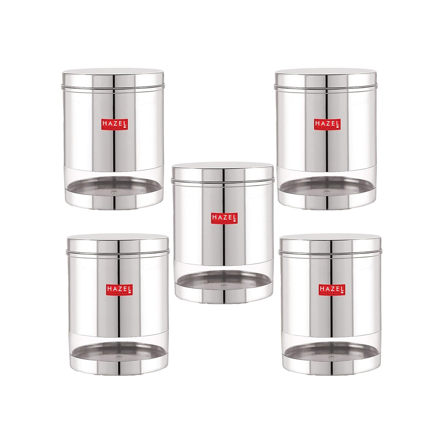 Stainless Steel See Through Glossy Finish Storage Container, Jars Dabba, Set of 5, 2200 ml