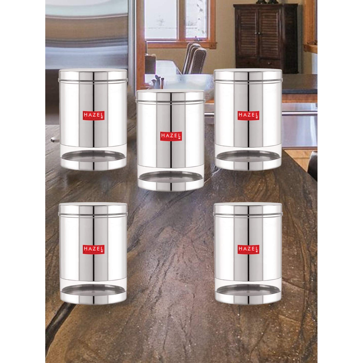 Stainless Steel See Through Glossy Finish Storage Container, Jars Dabba, Set of 5, 3000 ml