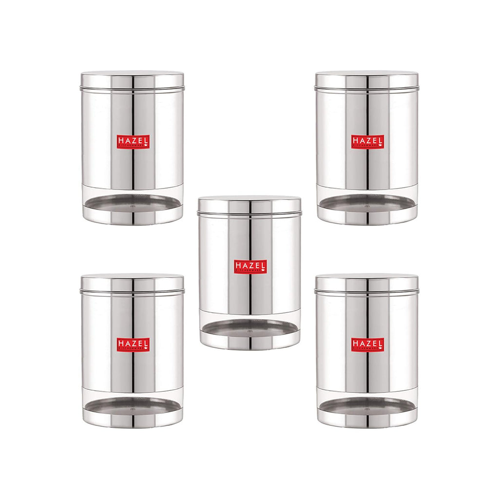 Stainless Steel See Through Glossy Finish Storage Container, Jars Dabba, Set of 5, 3000 ml