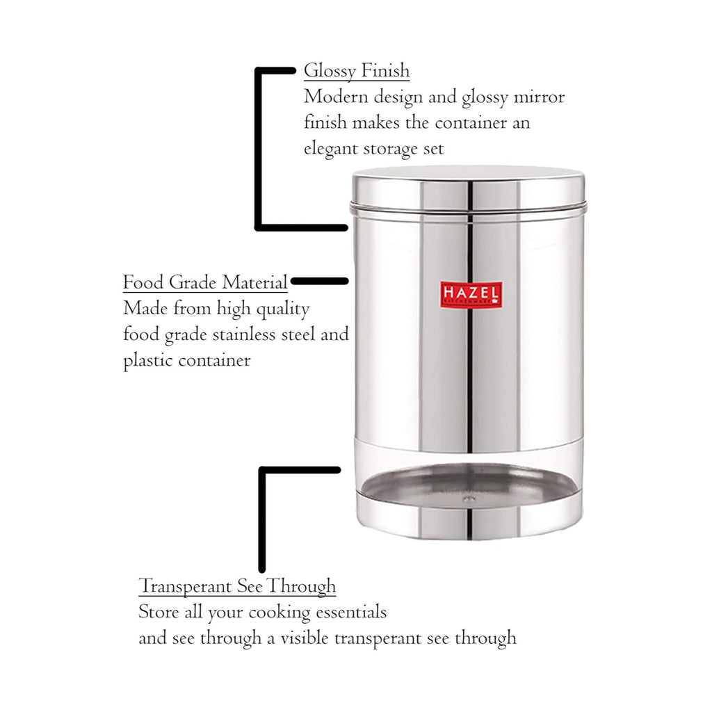 Stainless Steel See Through Glossy Finish Storage Container, Jars Dabba, Set of 5, 3000 ml