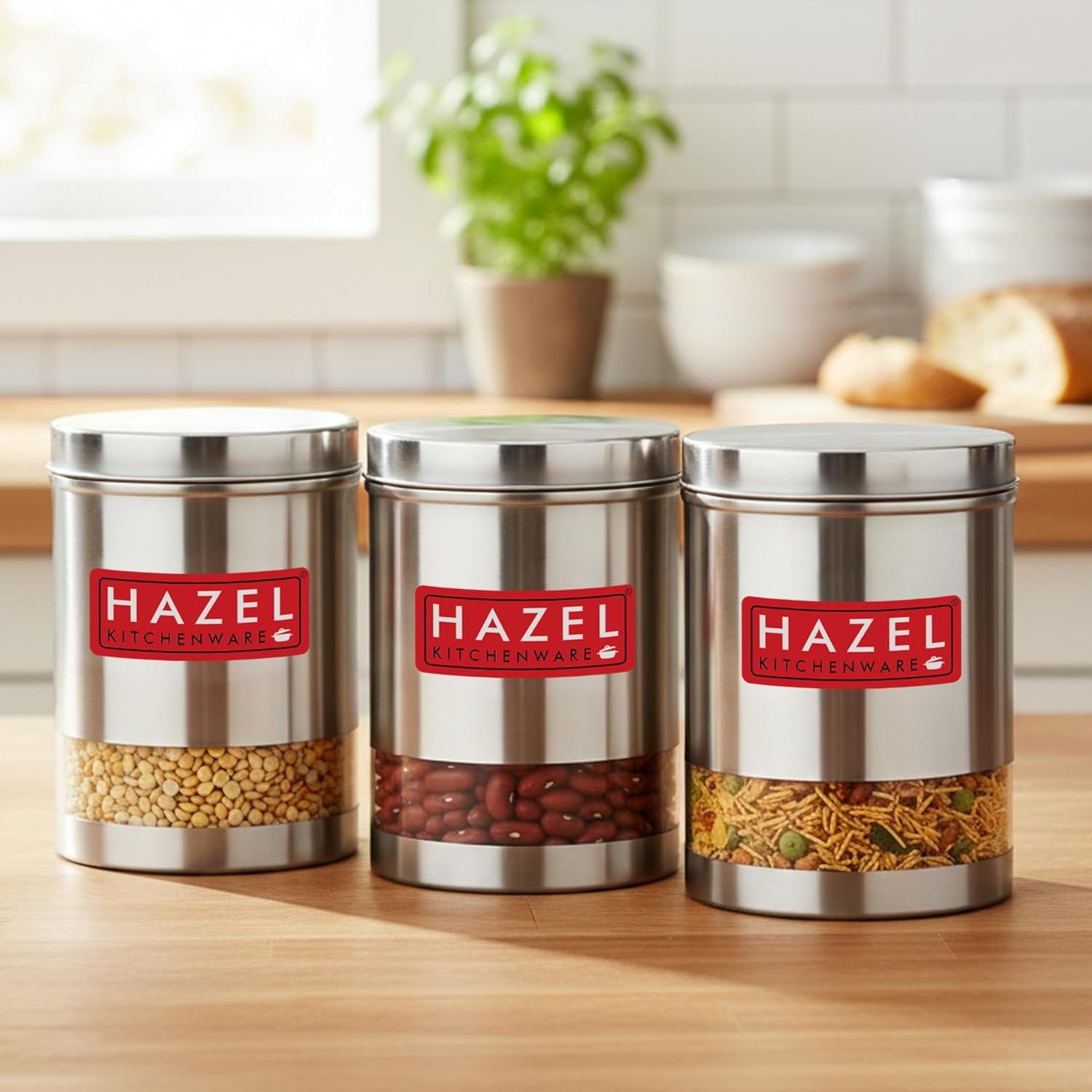 Stainless Steel See Through Matt Finish Storage Container Jars Dabba, Set of 3, 3000 ml