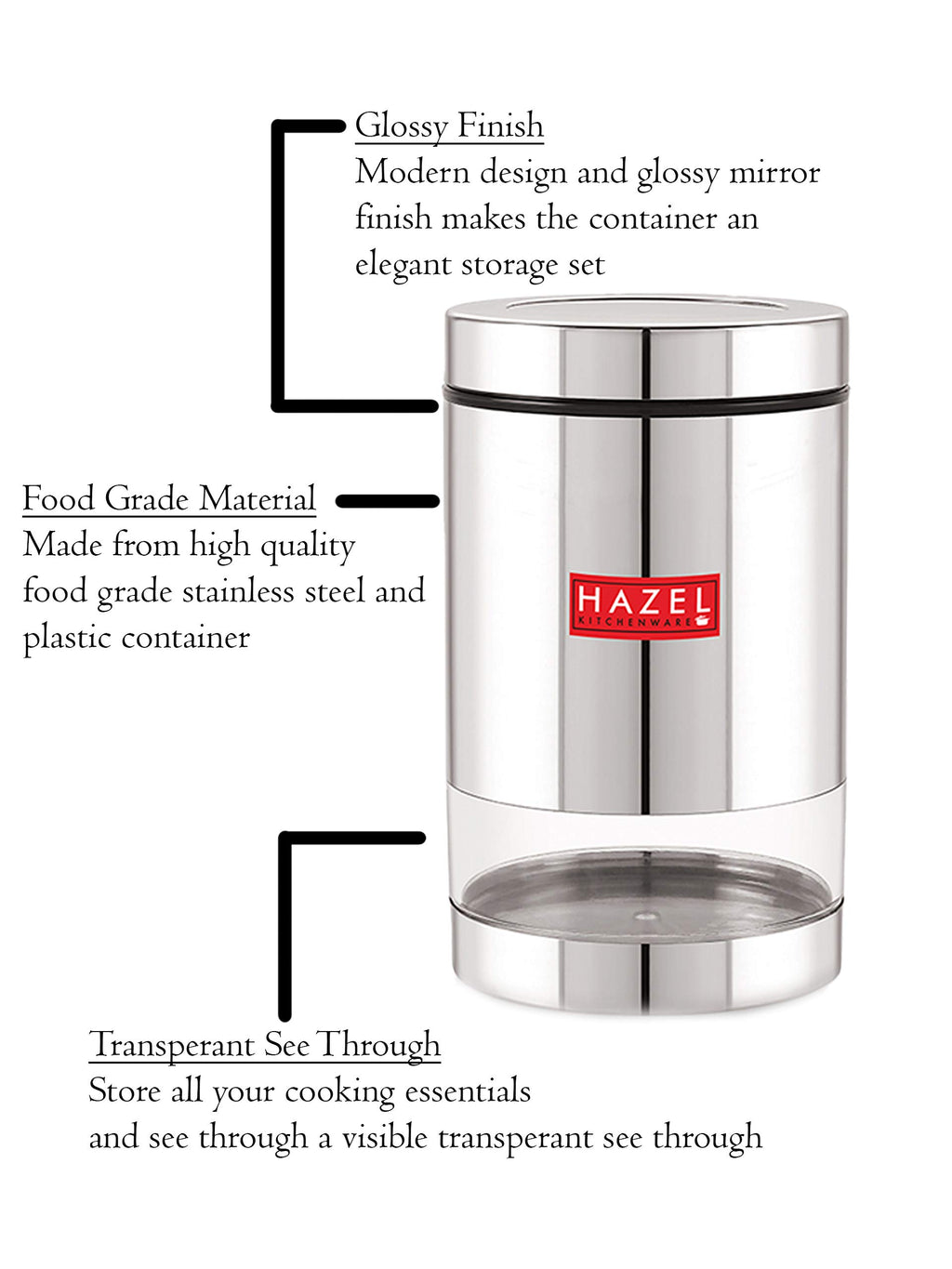Stainless Steel Kitchen Storage Transparent See Through Glossy Finish Jars Dabba, Set of 2, 1300 ML, Silver