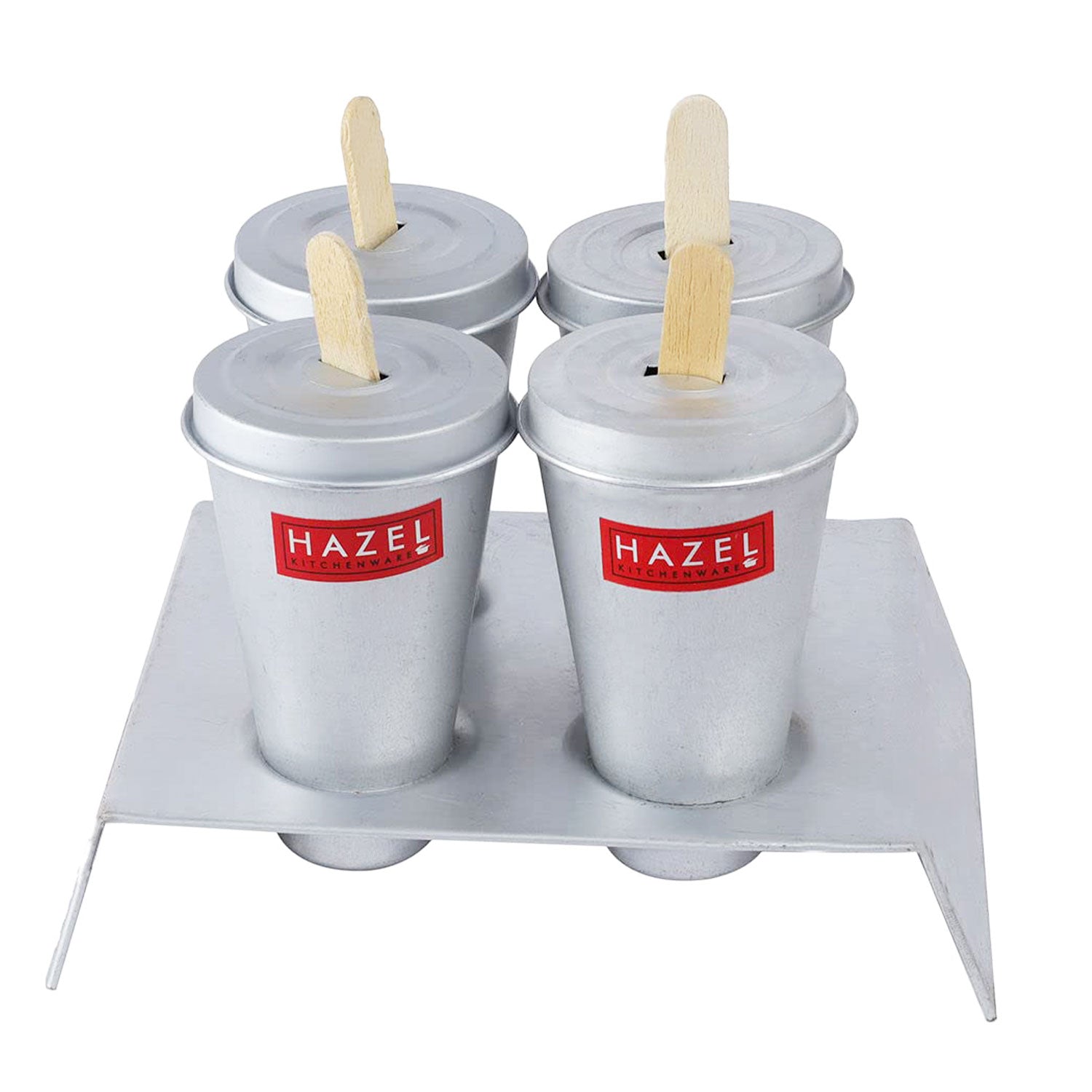 Aluminium kulfi mould set of four lidded cups with ice cream sticks held in an aluminium stand on a plain white background.