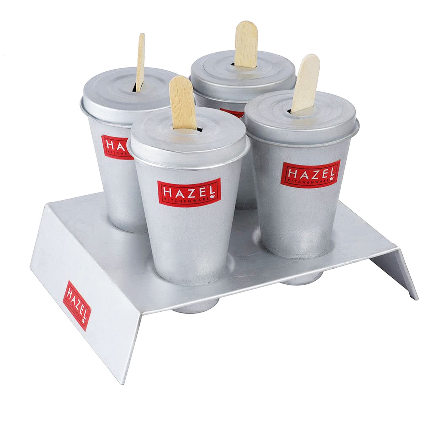 Aluminium kulfi mould set of four cups with sticks in the stand shown from a lower angle on a plain white background.