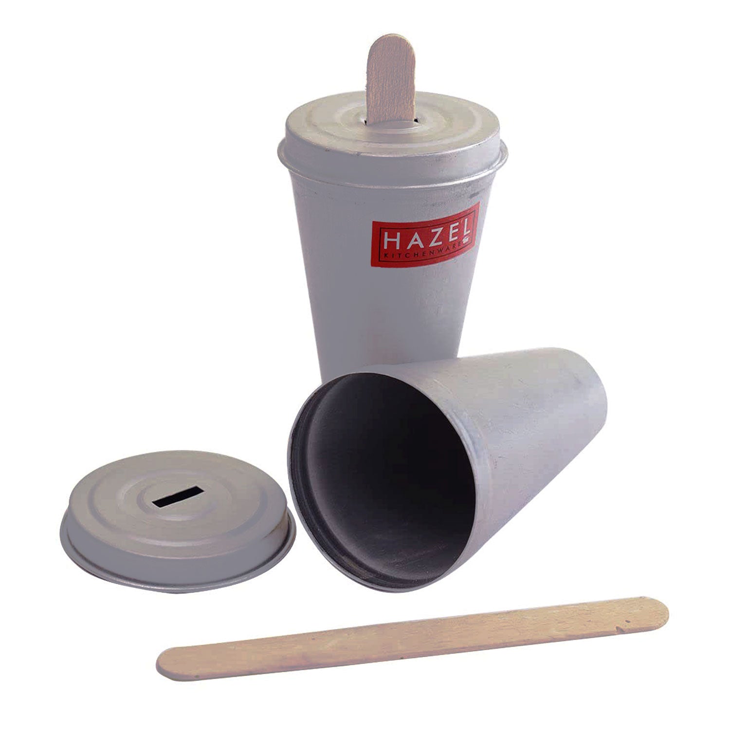 Close-up of a single kulfi mould cup with its lid and a separate ice cream stick and wooden stick shown on a plain.