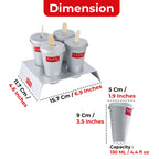 Kulfi mould set on white with a red Dimension header and callouts showing stand dimensions 11.7 cm and 15.7 cm.