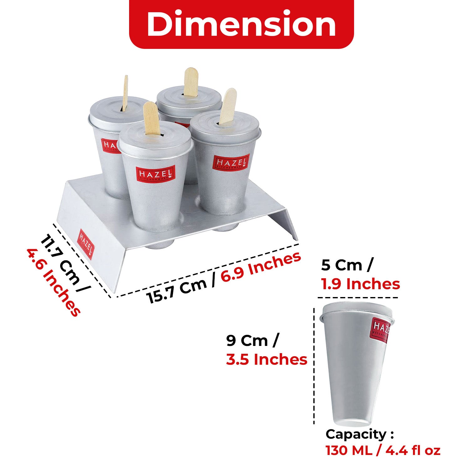 Kulfi mould set on white with a red Dimension header and callouts showing stand dimensions 11.7 cm and 15.7 cm.