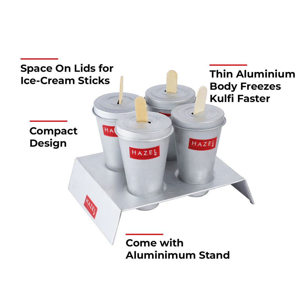 Kulfi mould set on white with feature callouts labeling space on lids for ice cream sticks, thin aluminium body.