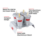 Kulfi mould set on white with feature callouts labeling space on lids for ice cream sticks, thin aluminium body.
