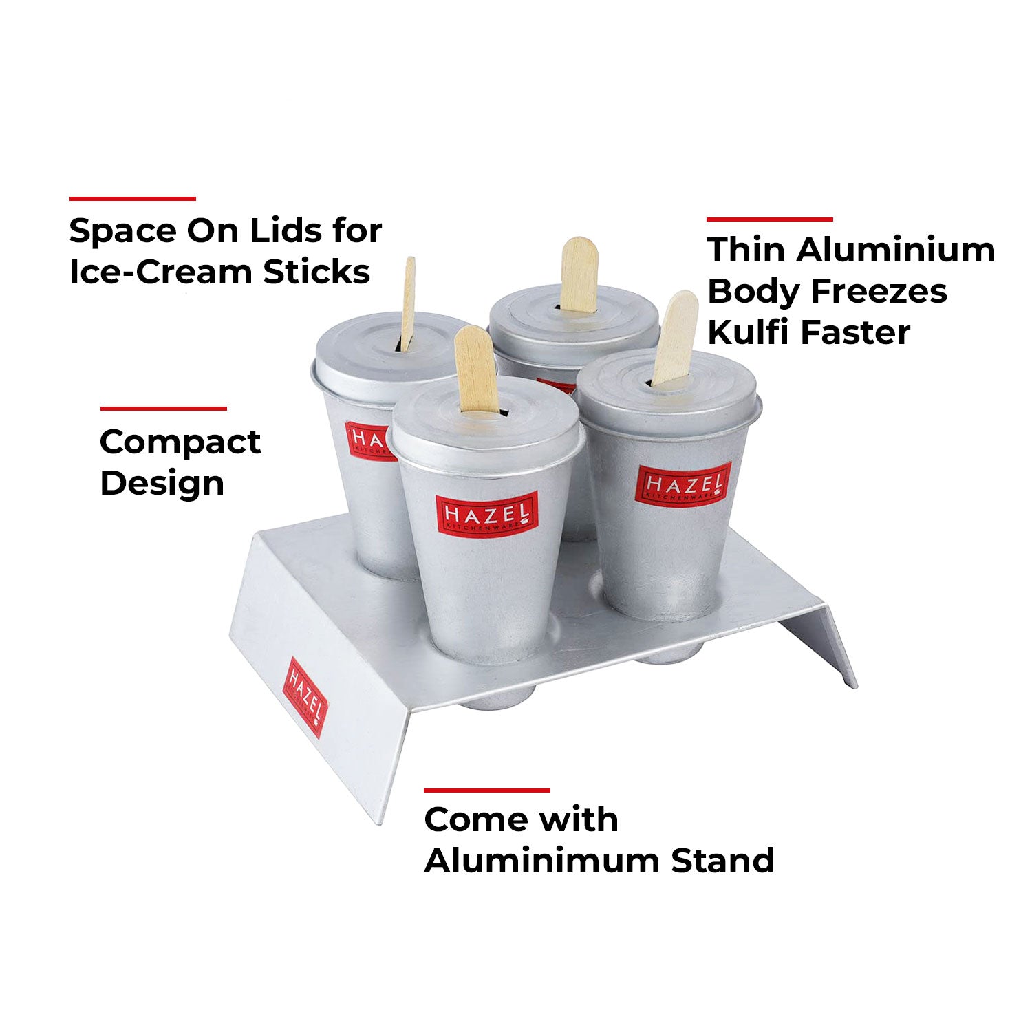 Kulfi mould set on white with feature callouts labeling space on lids for ice cream sticks, thin aluminium body.