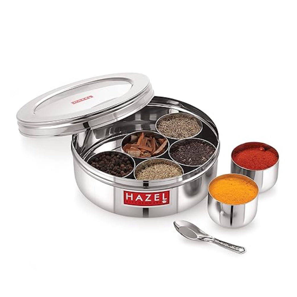 See Through Stainless Steel Masala Dabba Spice Box with 7 Wati and Small Spoon