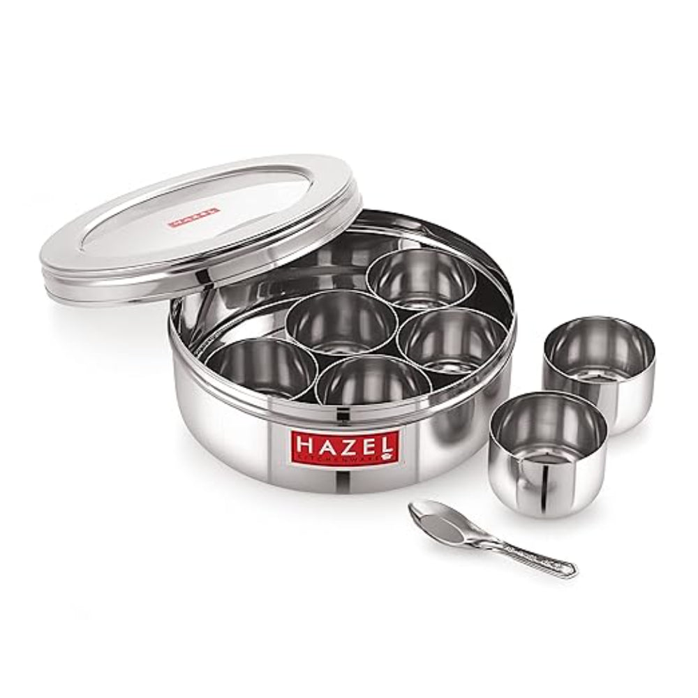 See Through Stainless Steel Masala Dabba Spice Box with 7 Wati and Small Spoon