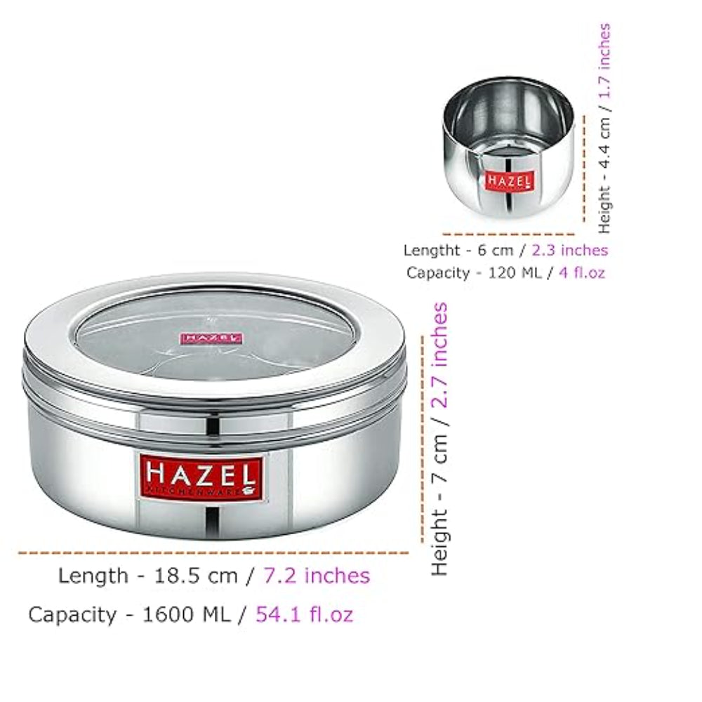 See Through Stainless Steel Masala Dabba Spice Box with 7 Wati and Small Spoon