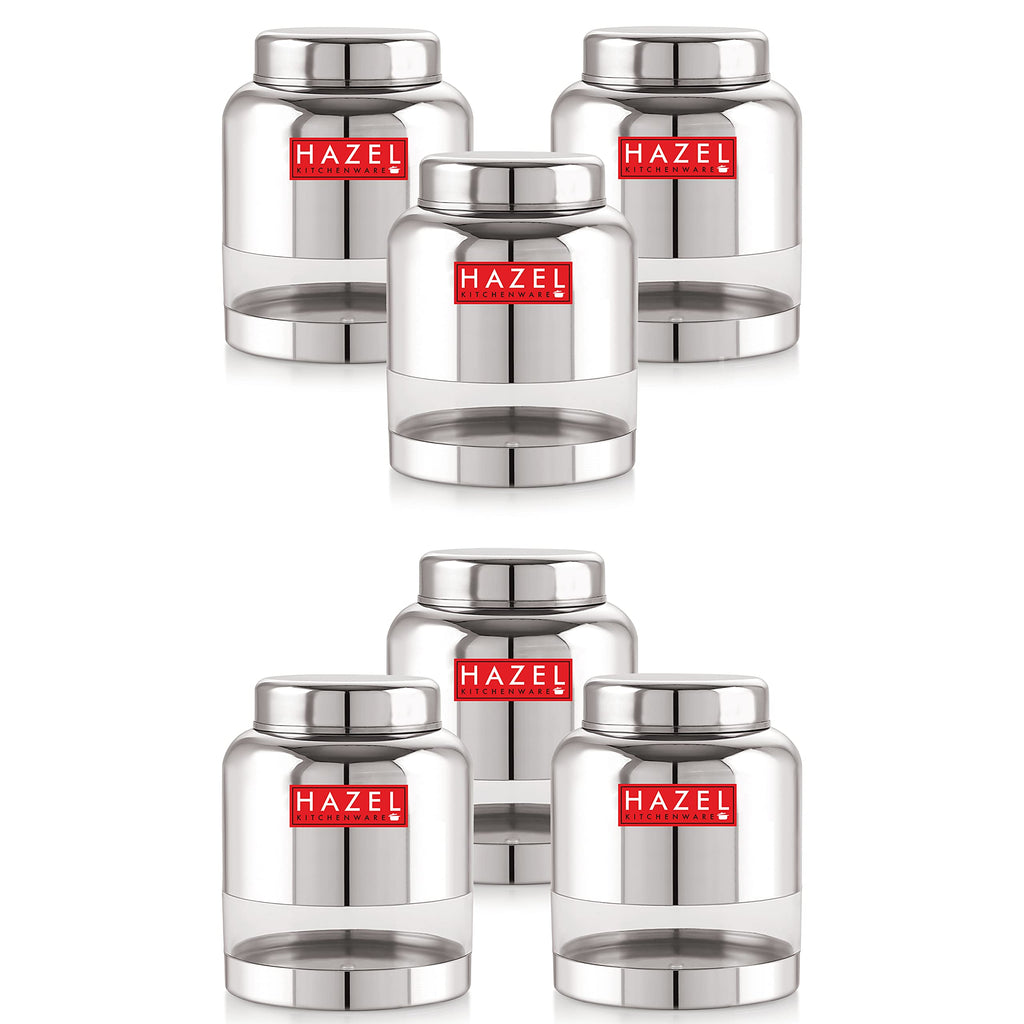 Stainless Steel Transparent Container Glossy Finish Airtight See Through Jar Barni Set of 6, 1500 ML, Silver