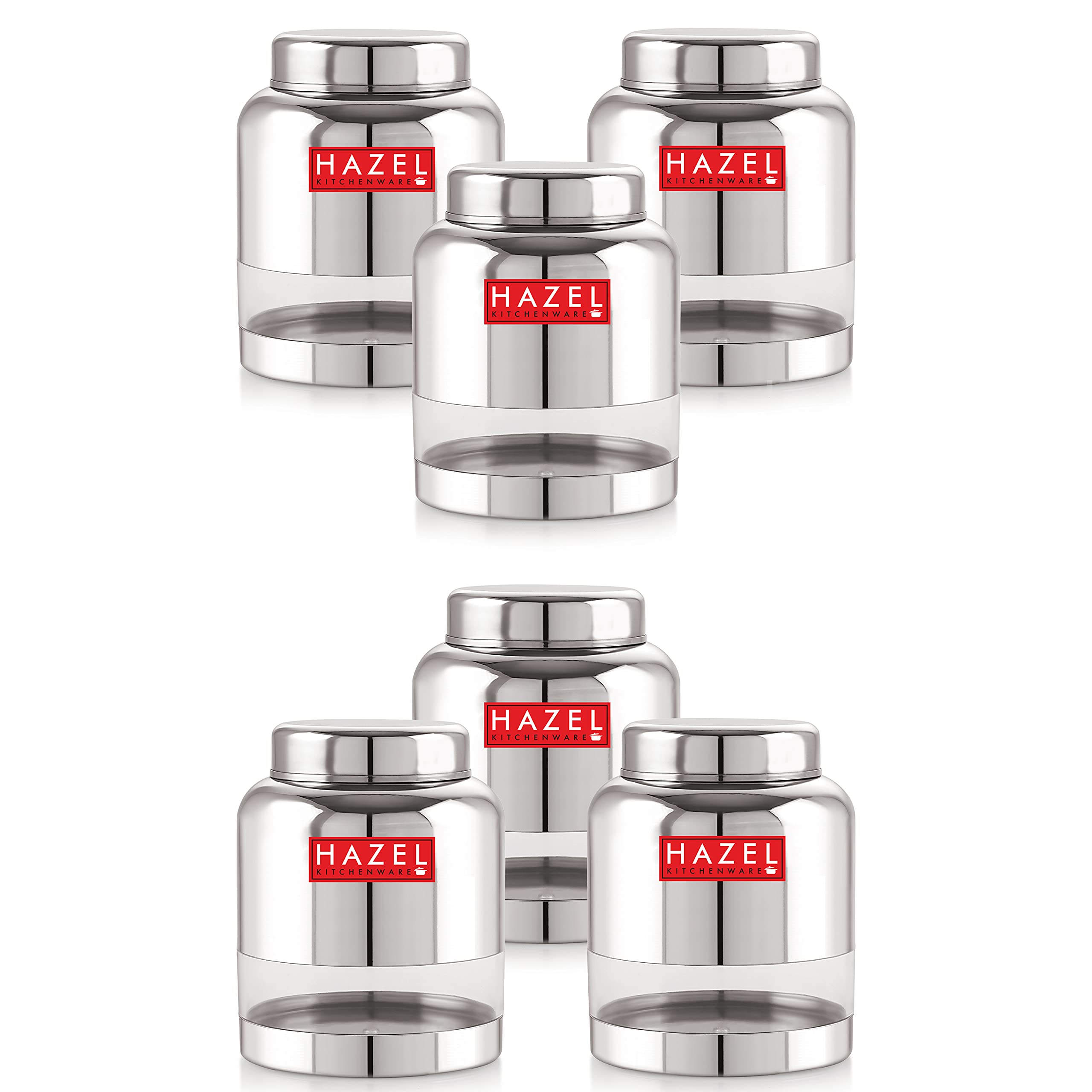 Stainless Steel Transparent Container Glossy Finish Airtight See Through Jar Barni Set of 6, 1500 ML, Silver