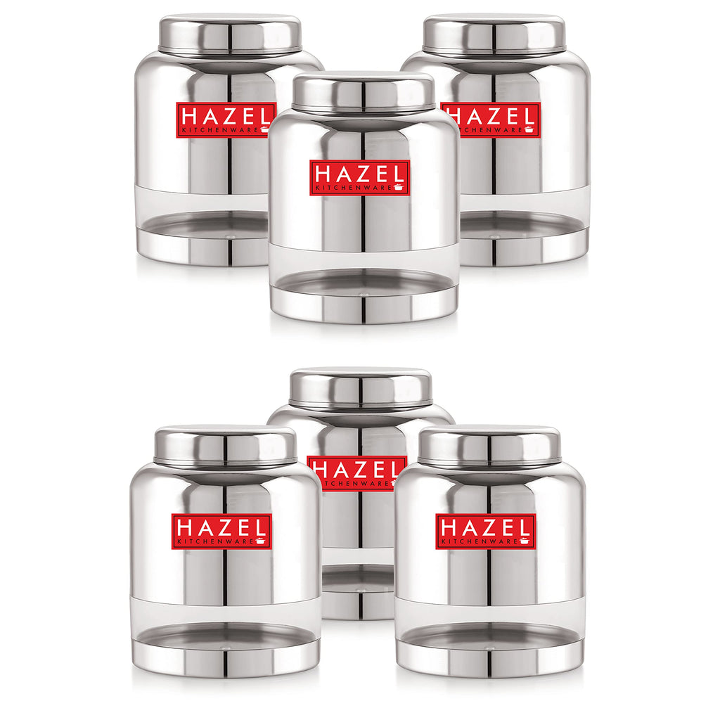 Stainless Steel Transparent Container Glossy Finish Airtight See Through Jar Barni Set of 6, 2000 ML, Silver