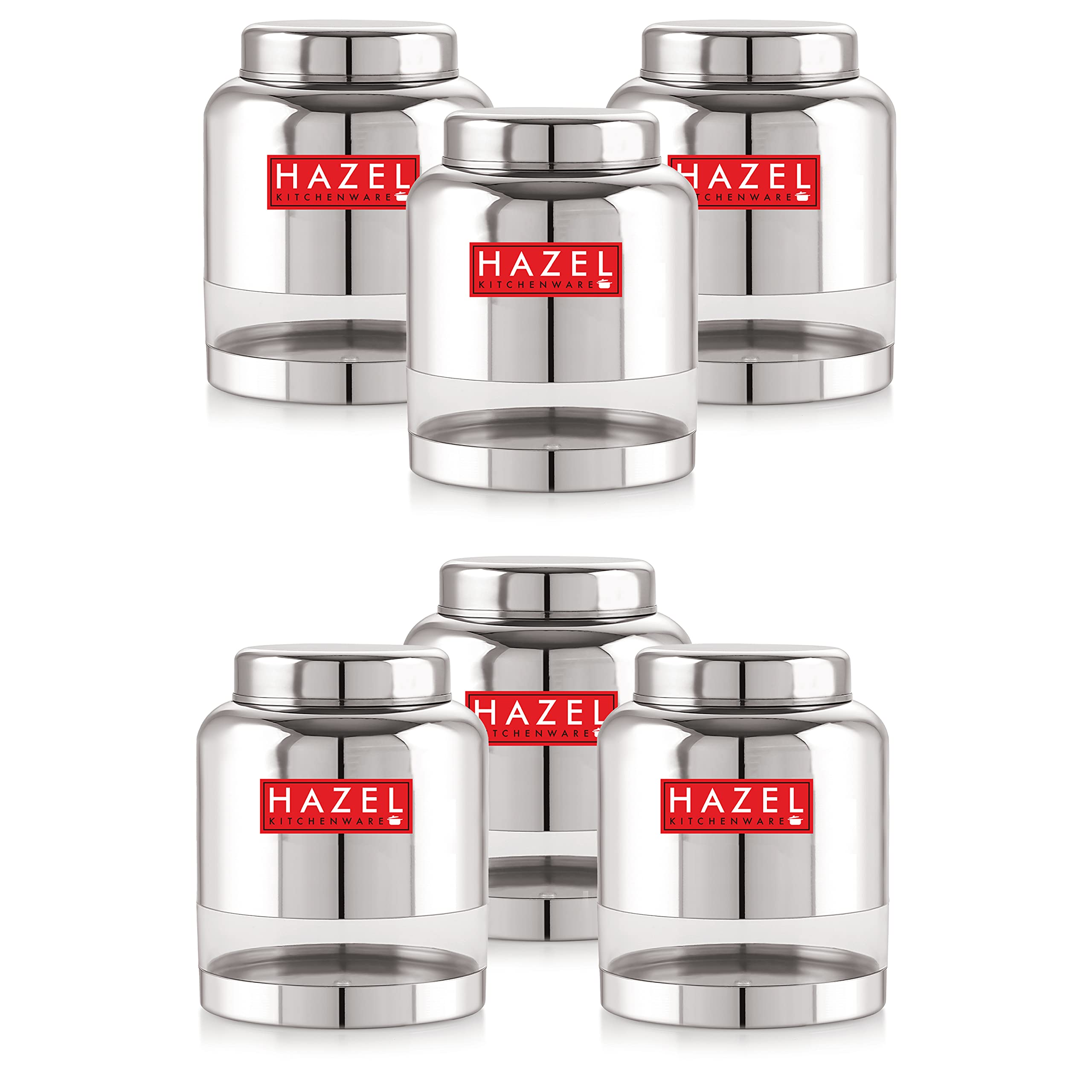 Stainless Steel Transparent Container Glossy Finish Airtight See Through Jar Barni Set of 6, 2000 ML, Silver