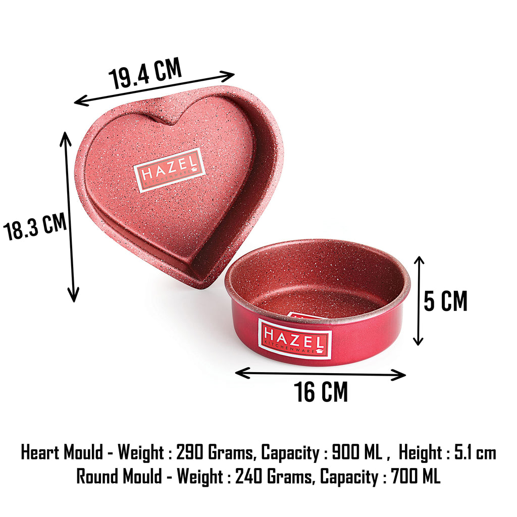 Aluminium Non-Stick Cake Mould Set, Round & Heart, 500g, Red, Set of 2