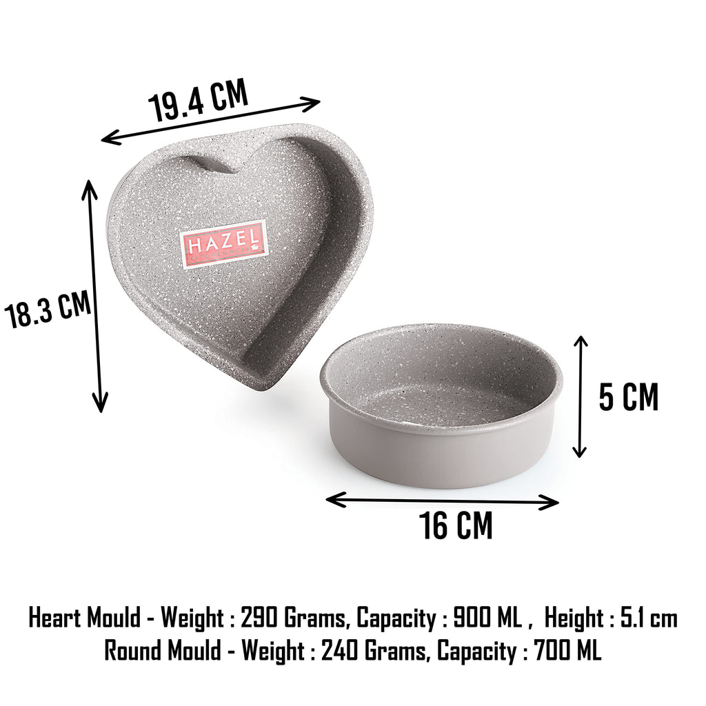Aluminium Non-Stick Cake Mould Set, Round & Heart, 500g, Grey, Set of 2