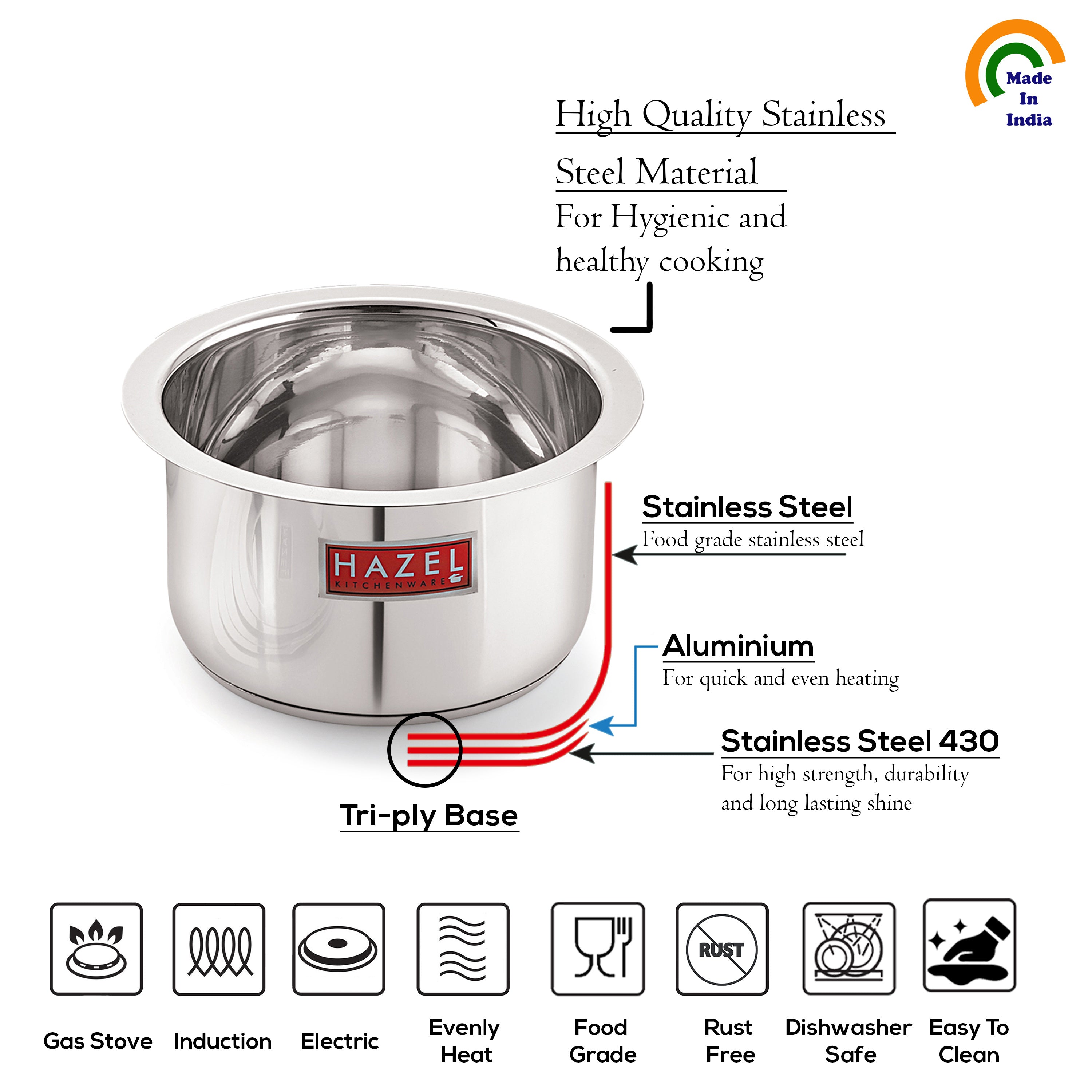 Stainless Steel Induction Bottom Tope Thick Flat Base Patila With Steel Lid, 18.8 cm, 1500 ml