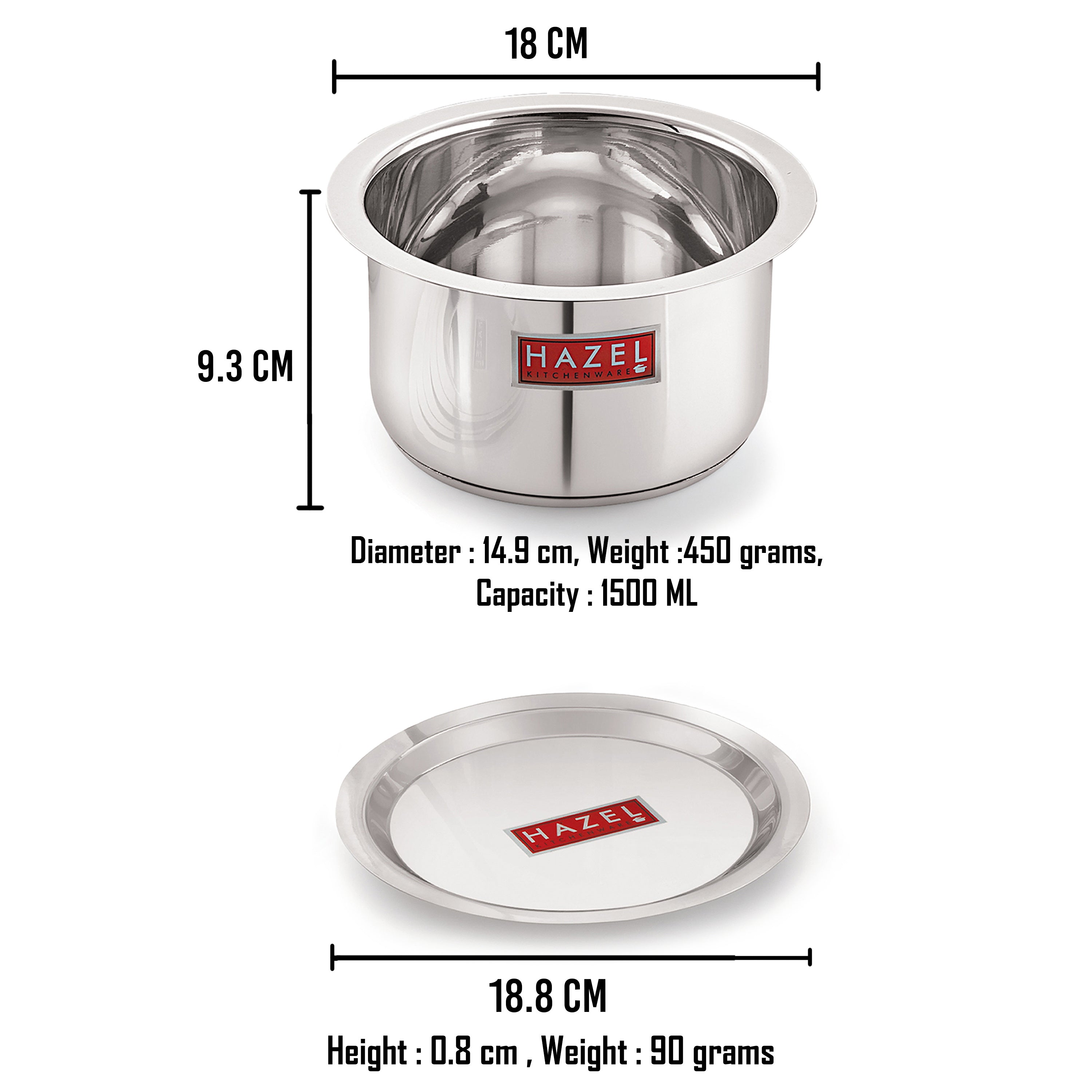 Stainless Steel Induction Bottom Tope Thick Flat Base Patila With Steel Lid, 18.8 cm, 1500 ml