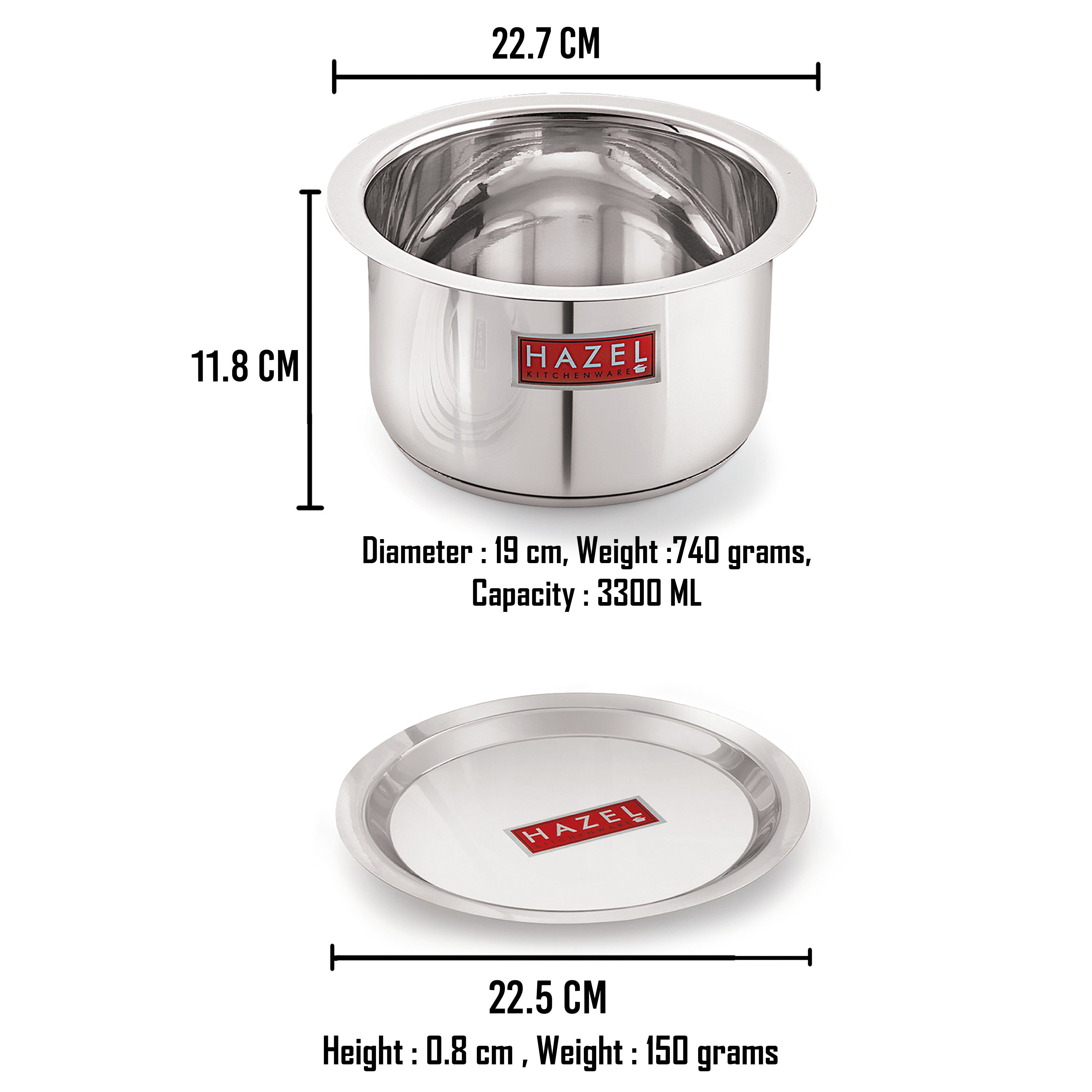 Stainless Steel Induction Tope with Lid, 3300 ml, 22.5 cm