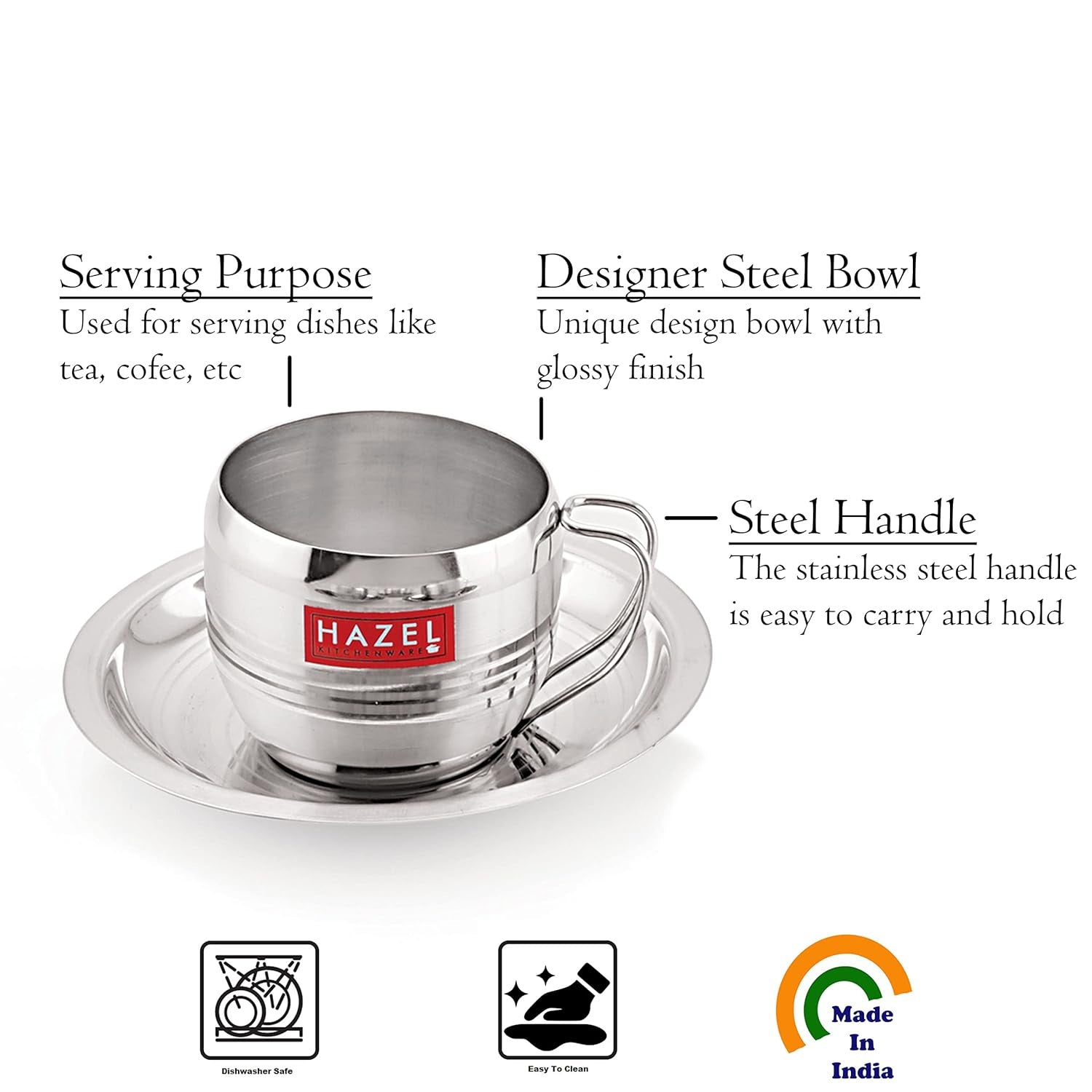 Stainless Steel Cup With Saucer,Cup For Tea Chai Coffee With Saucer (1 Cup, 1 Saucers)170 ml