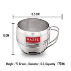 Stainless Steel Tea Cup, Unbreakable Chai Tea Coffee Cup Mug, 170ml, Set of 2, Silver