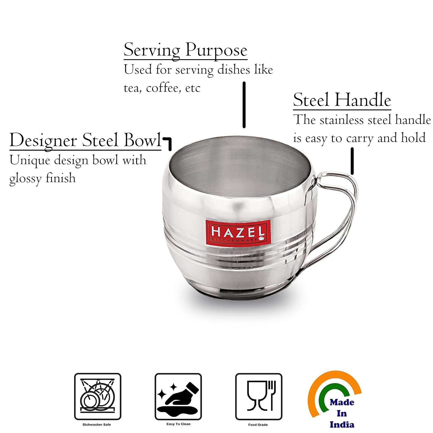 Stainless Steel Tea Cup, Unbreakable Chai Tea Coffee Cup Mug, 170ml, Set of 6, Silver