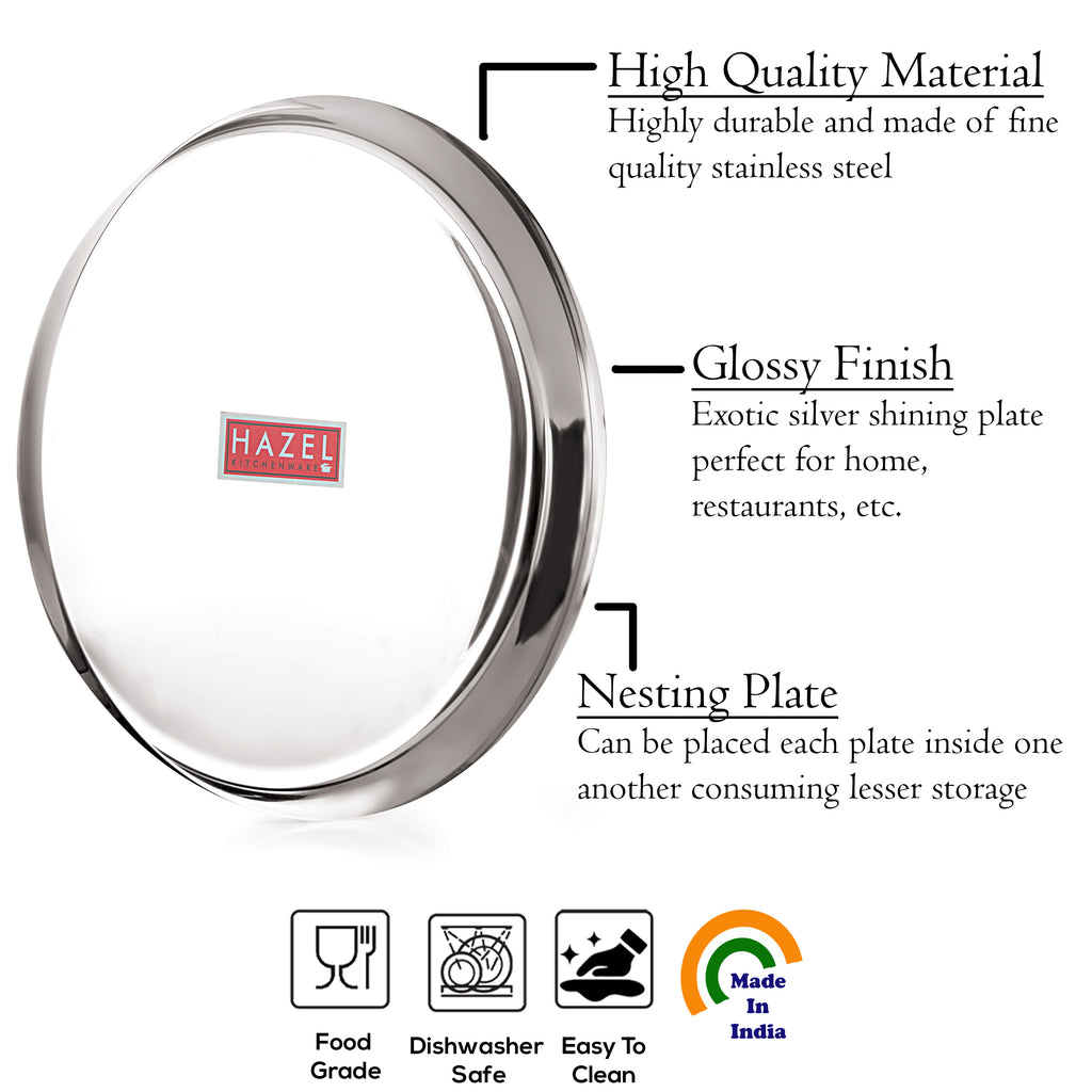Stainless Steel Thali, Mirror Finish Dinner Plates, 28 cm, Set of 3