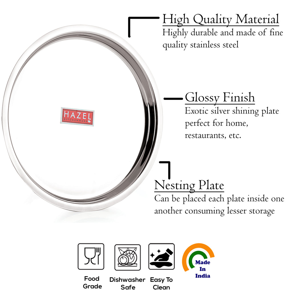 Stainless Steel Thali, Mirror Finish Dinner Plates, 25 cm, Set of 4