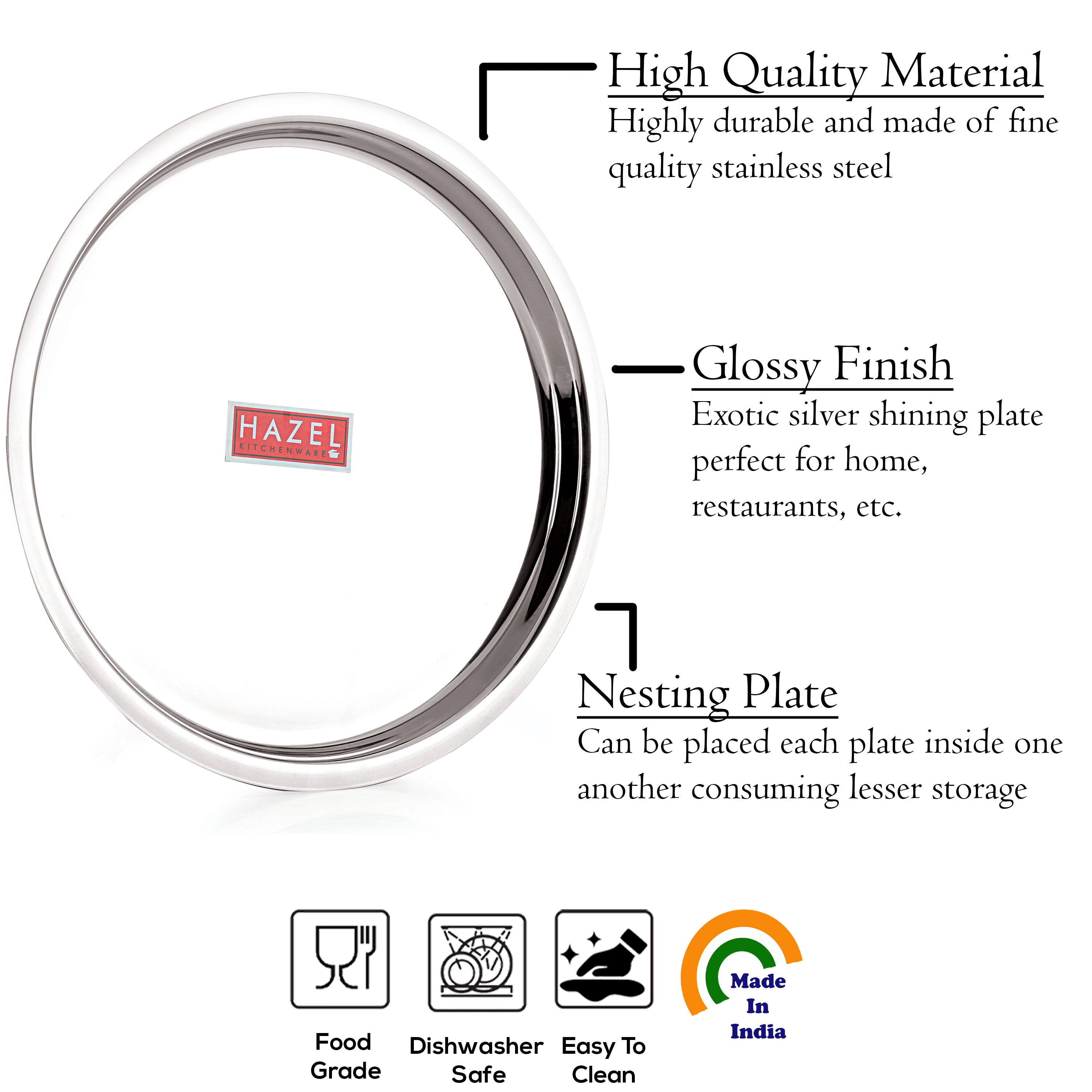 Stainless Steel Thali, Mirror Finish Dinner Plates, 25 cm, Set of 4