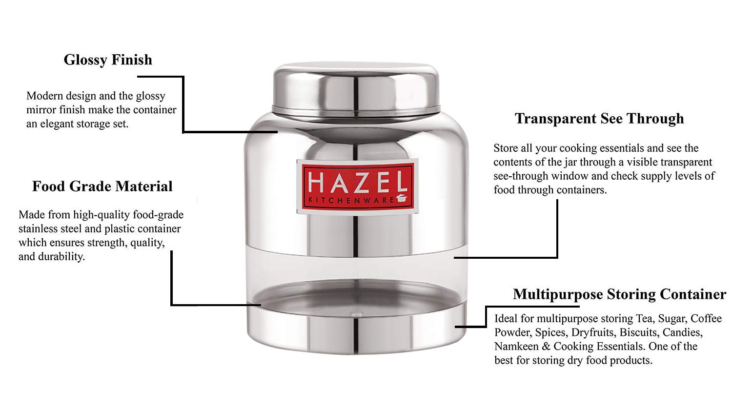 Stainless Steel Transparent Kitchen Containers, Set of 6