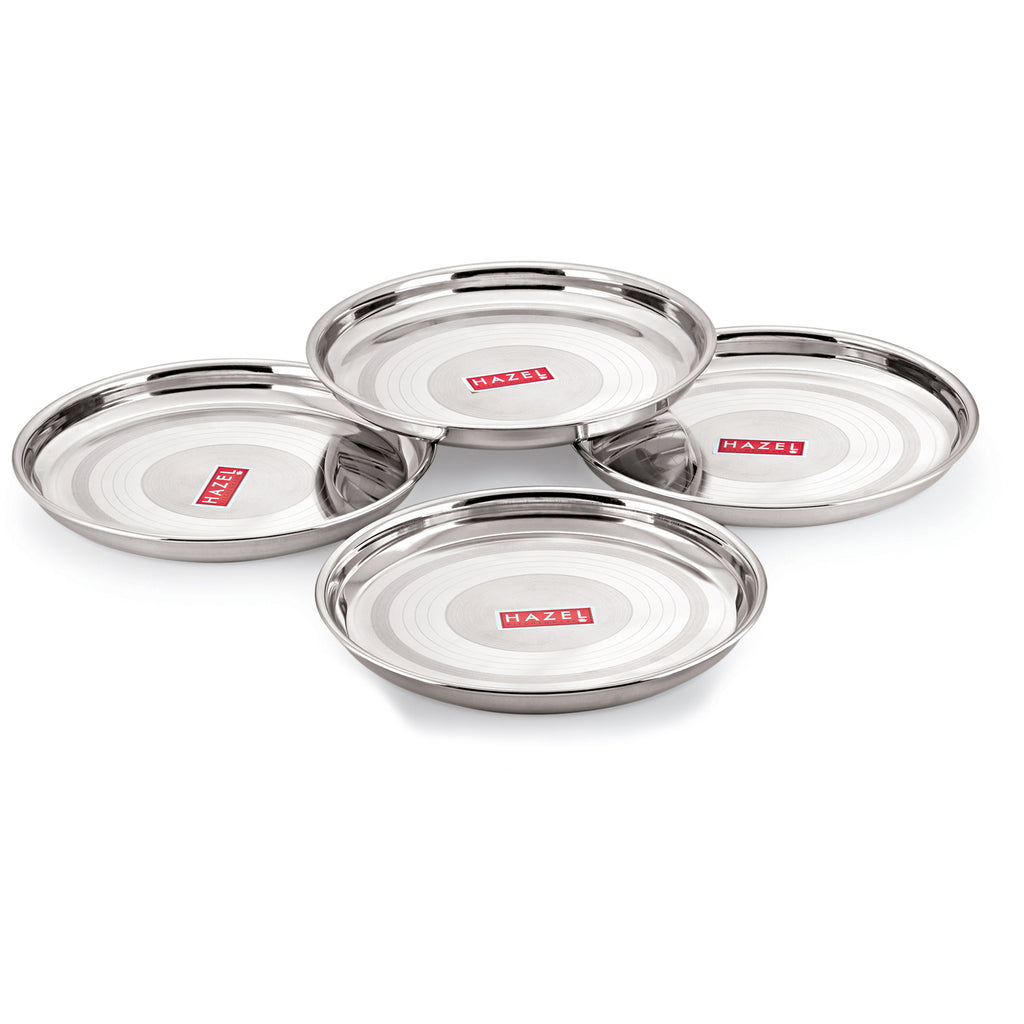Stainless Steel Plate Set For Dinner Launch, Designer Steel Thali Set, 26.5 cm, Set of 4, Small